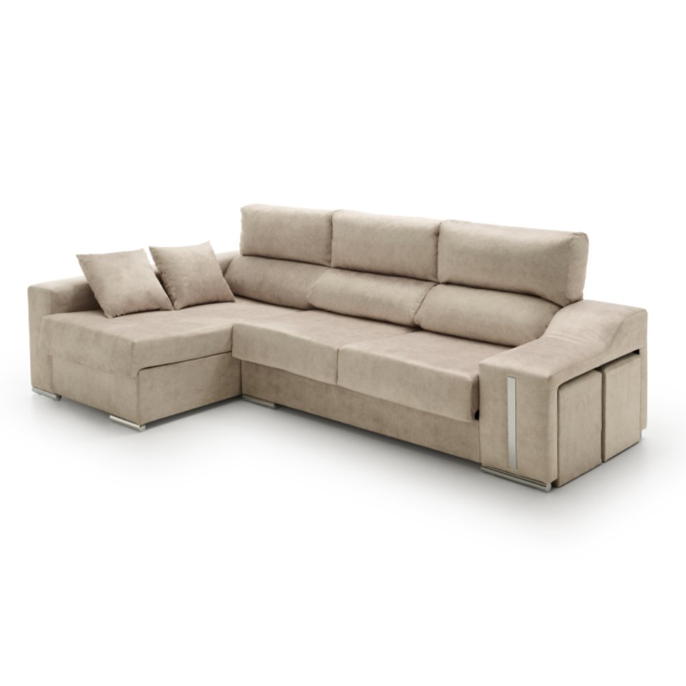Sofa chaise longue reclinable con puffs serena beige izquierda