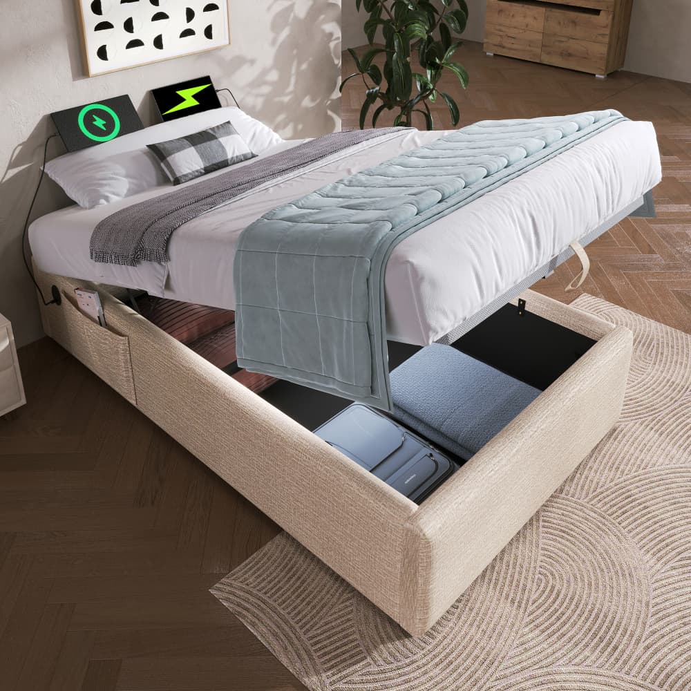 Cama tapizada 90x190 cm con canapé y usb tipo c lino – natural beige