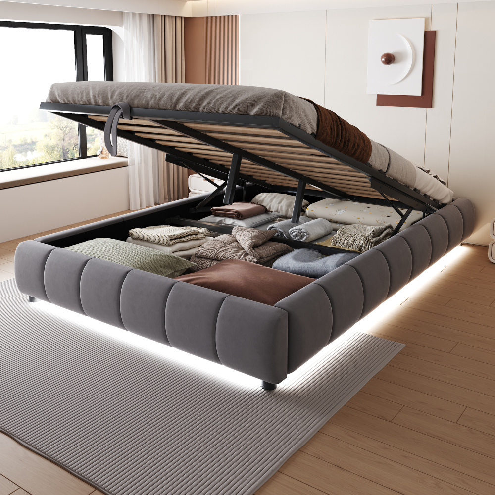 Cama juvenil tapizada 140x200cm con canapé hidráulico y LED franela – gris