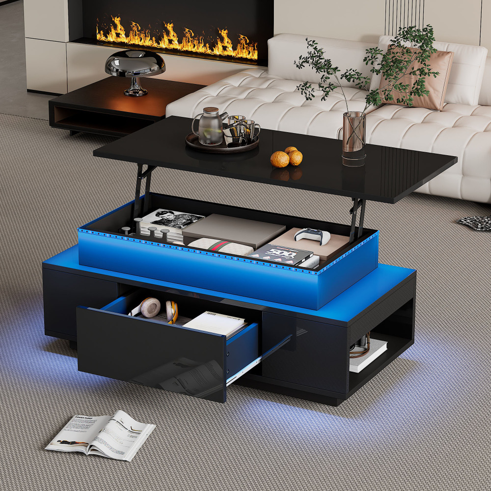 Mesa de centro elevable con LED tablero de partículas negro 40x96x45cm