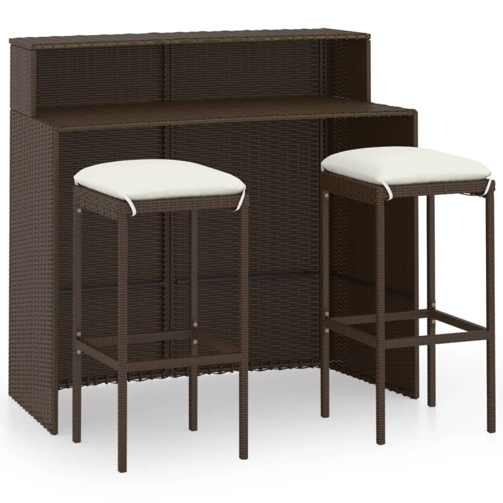 vidaXL juego de muebles de bar para jardín 3 piezas y cojines marrón