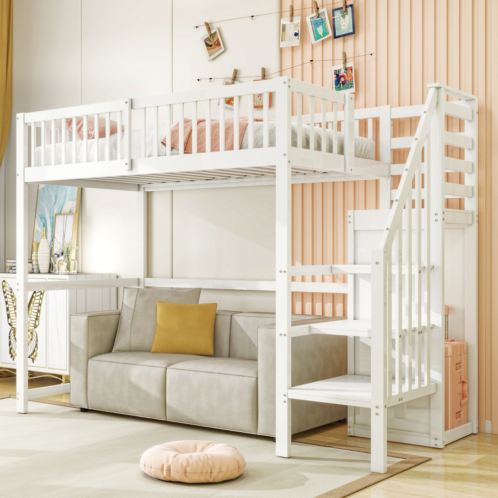 Cama alta 90x200cm con escalera, armario y estantería de madera – blanco
