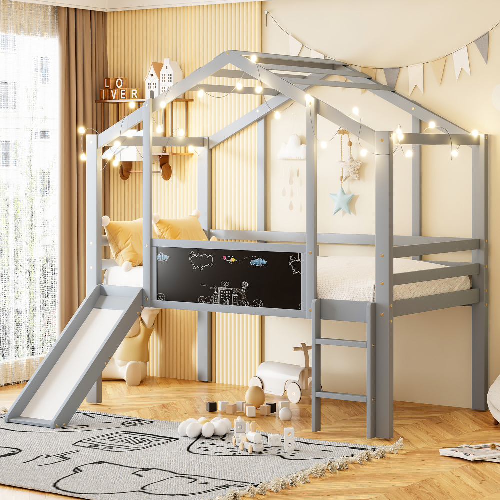 Cama alta 90x200cm con tobogán y pizarra madera maciza – gris