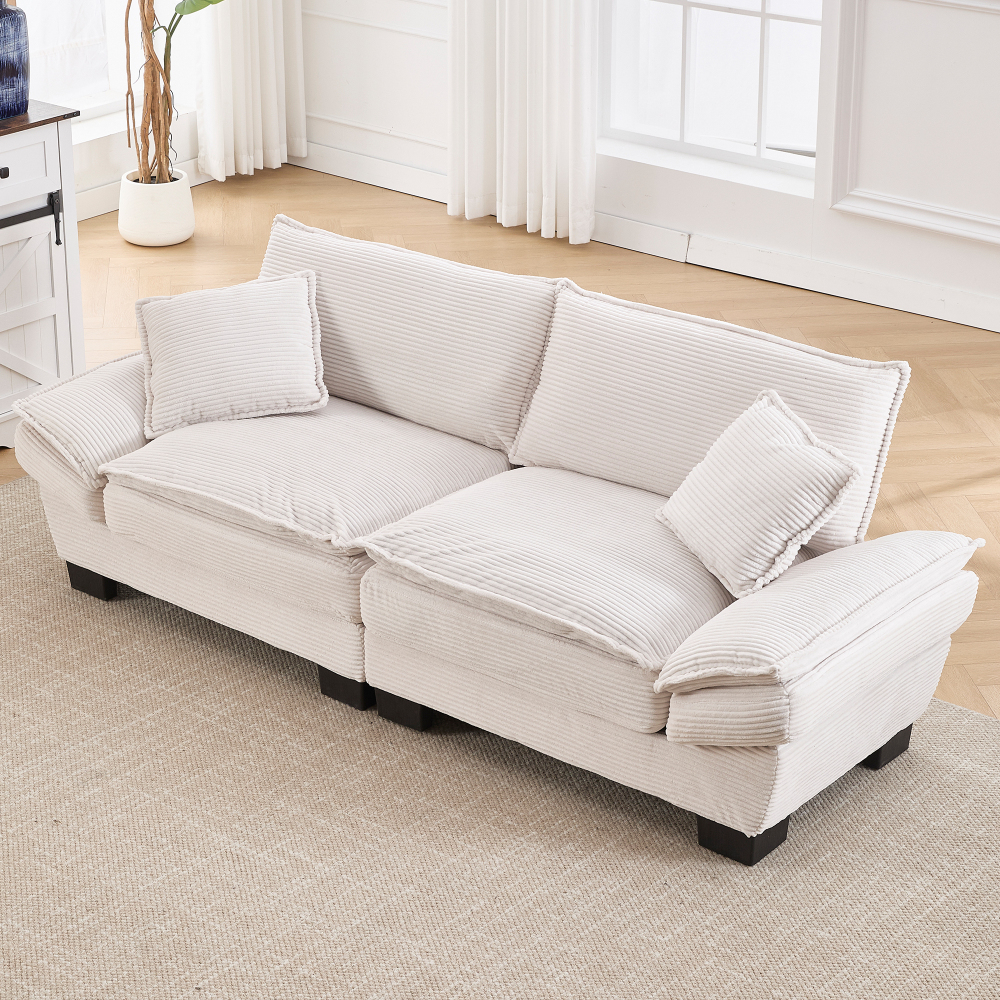 Sofá 2 plazas de terciopelo beige con cojines y reposabrazos acolchados