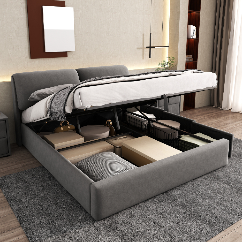 Cama tapizada 160x200cm con canapé hidráulico y 3 cajones terciopelo – gris