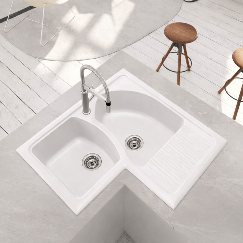 Fregadero angular dédalo 2 senos 82,6x82,6 resina blanco mueble 90 cm