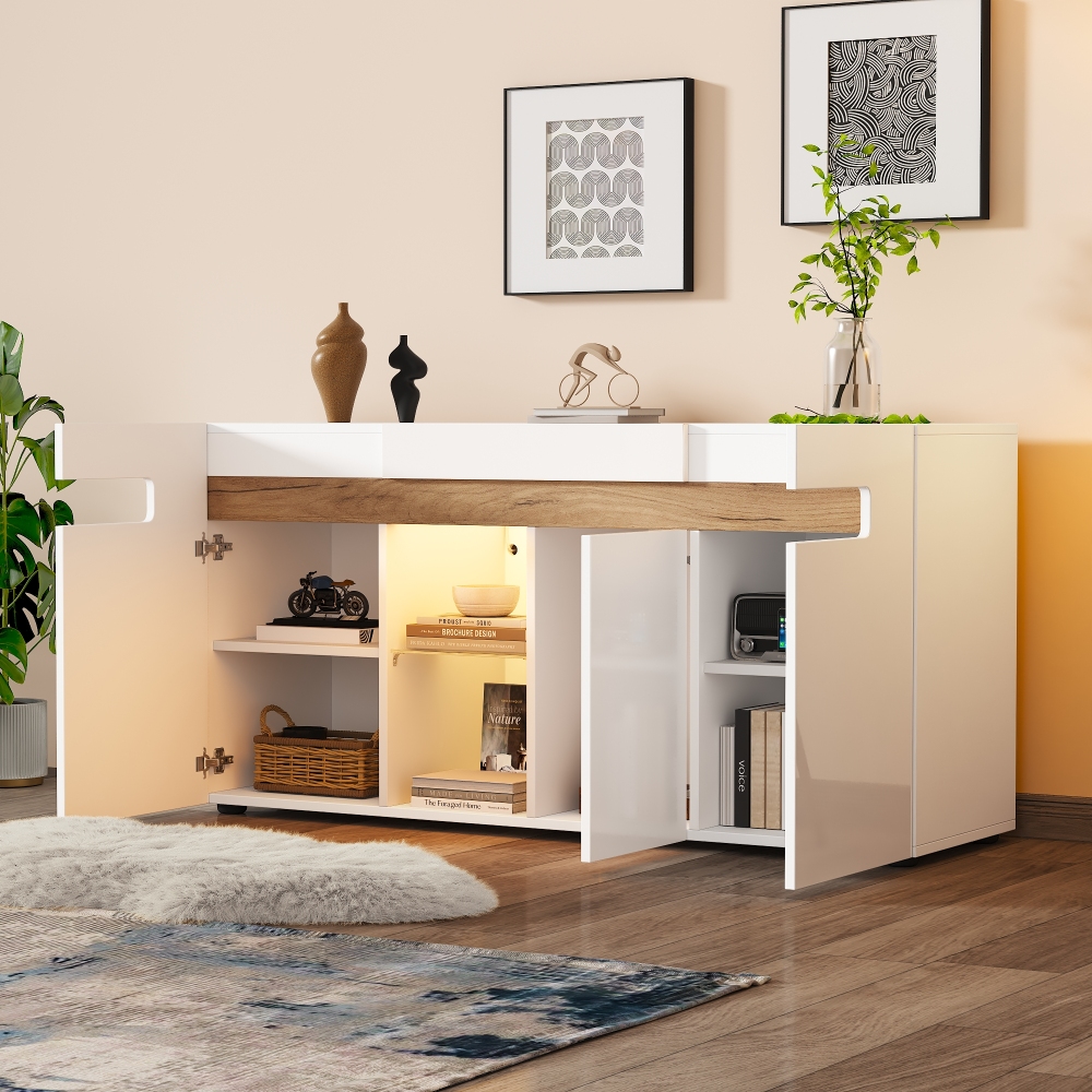 Aparador blanco 70x140x40cm con 3 puertas LED usb, estante de cristal
