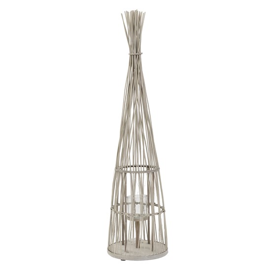 Linterna de bambú 91 cm altura, madera natural portavelas con luz LED