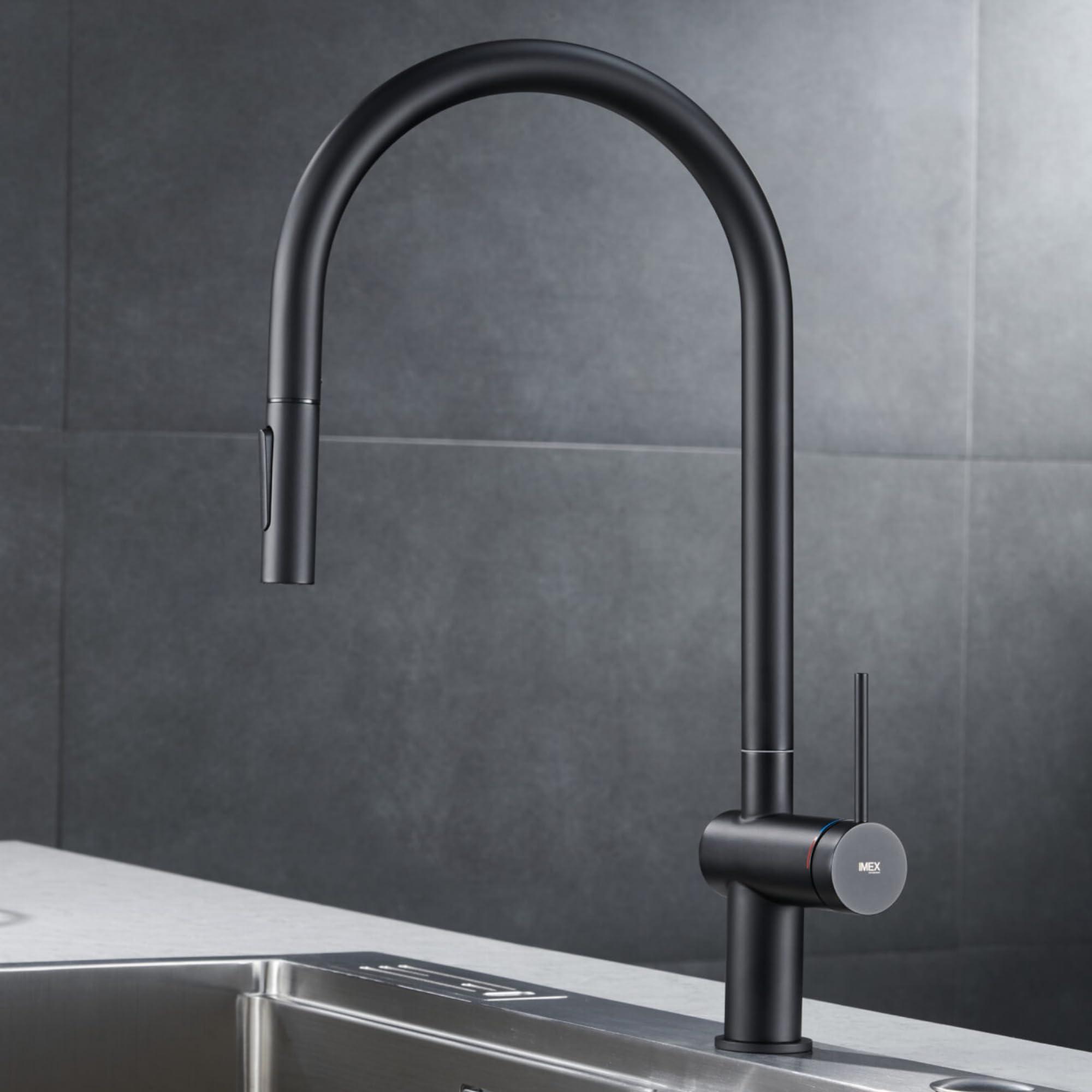 Imex - grifo monomando de cocina extraíble negro serie berna