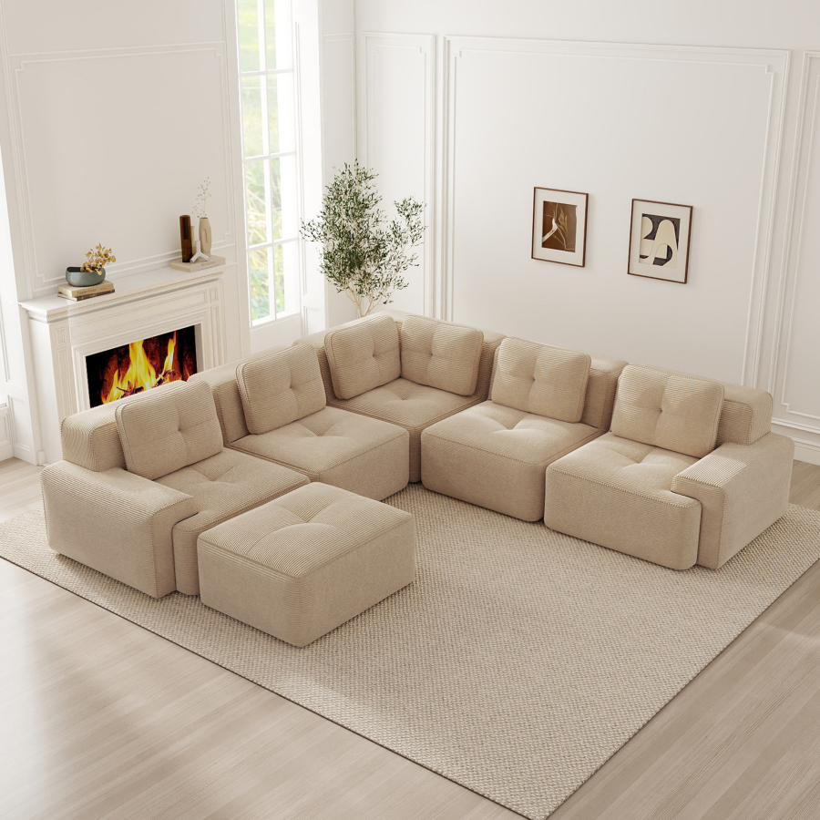 Sofá modular en esquina con otomana de pana beige 5 plazas