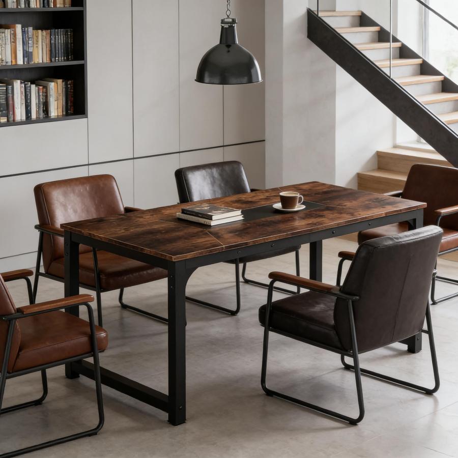 Mesa de comedor industrial rectangular para 6 a 8 personas negro y marrón