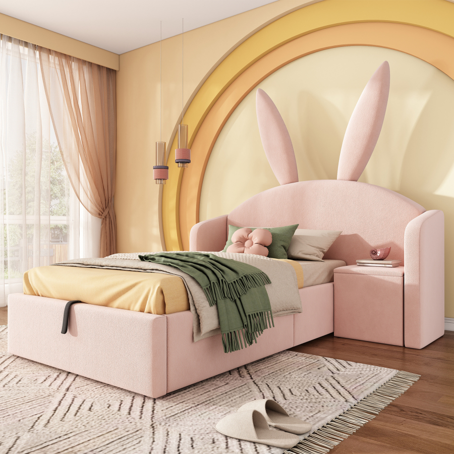 Cama individual 90x200cm con almacenaje y mesita tapizada terciopelo rosa