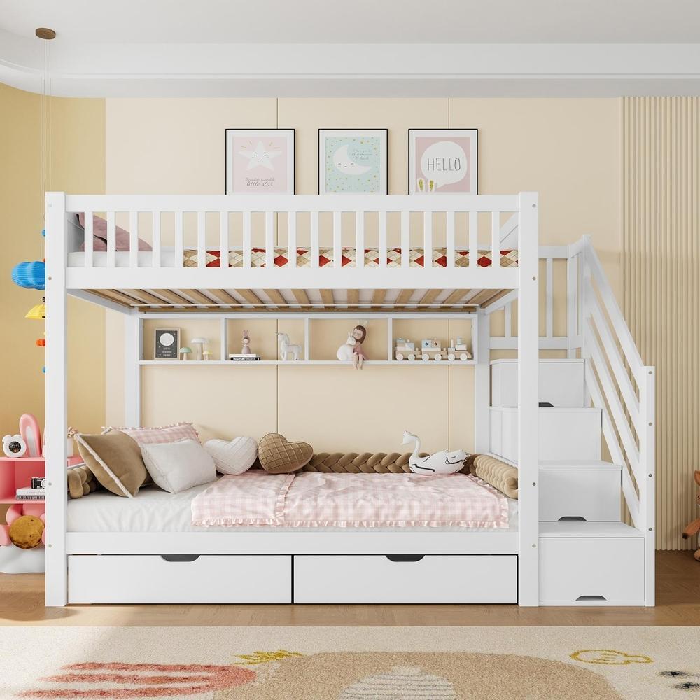 Litera infantil 90x200cm con cajones, escalera y barandilla blanca