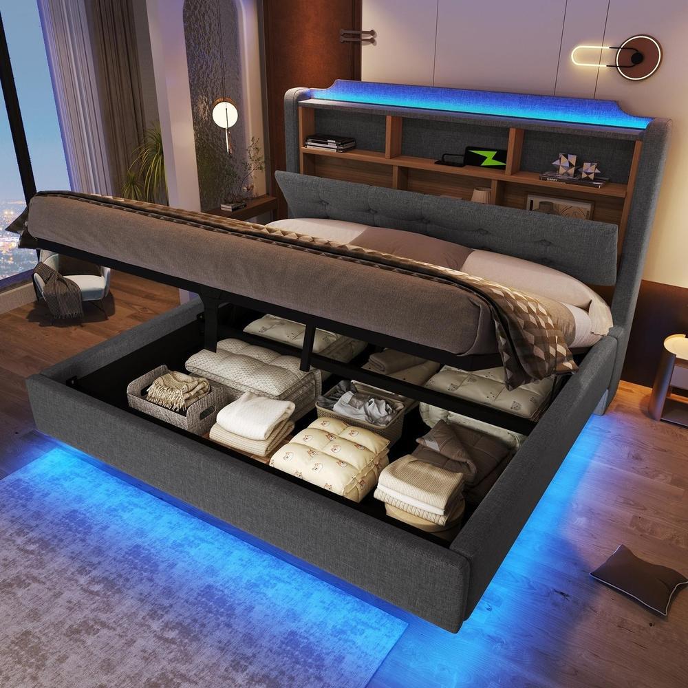 Cama tapizada 140x200cm con almacenamiento hidraulico y luz LED gris
