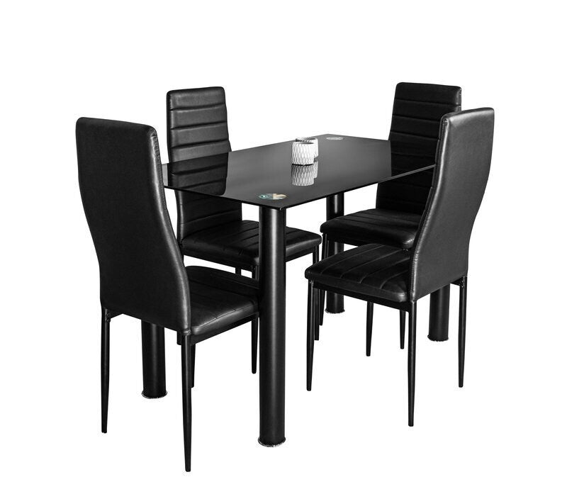 Mesa de cristal templado + 4 sillas polipiel. Comedor o cocina, negro