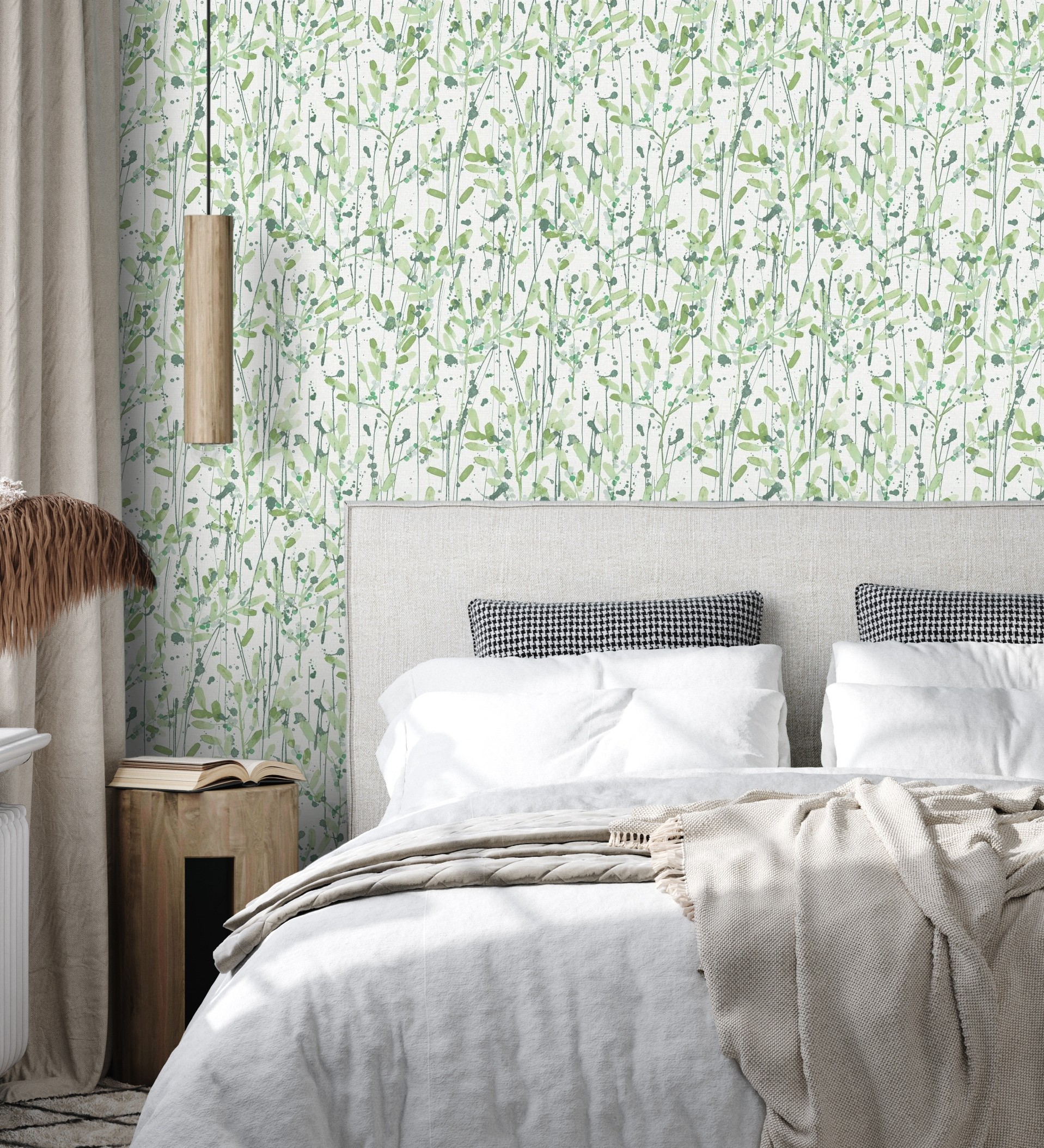 Papel pintado gaulan lavable de hojas en tonos verde acuarela de 5.23m²