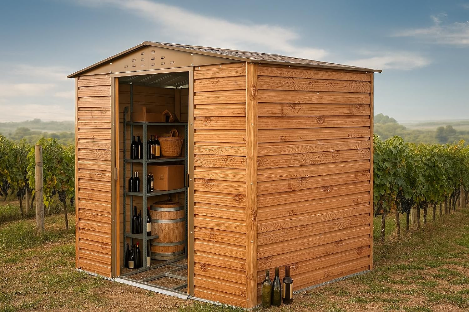 Caseta cobertizo metal jardin alpine 8x6 imitacion madera duramax marron