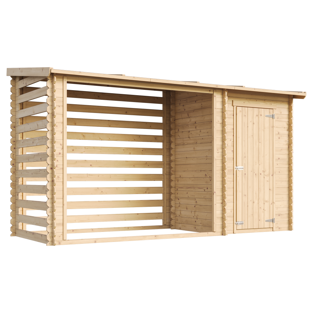 Caseta de jardín Timbela m205, 2,54 m², con leñera, 199×348×146 cm