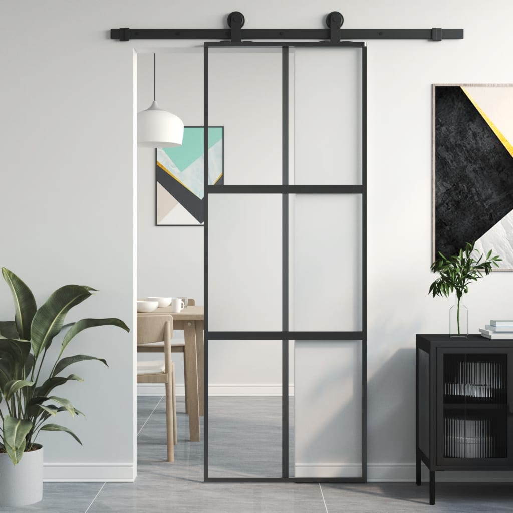 Puerta corredera vidrio templado y aluminio negra 76x205 cm esxt5358