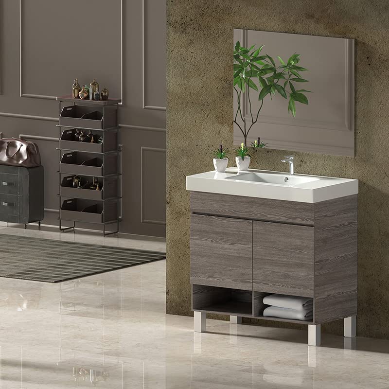 Mueble nebari, lavabo y espejo 120x45cm 1 seno con puertas roble smoky