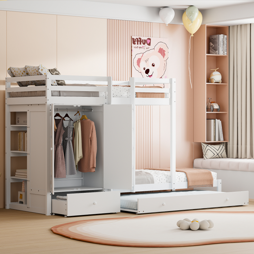 Litera 90x200 cm con cama nido, armario y cajones madera – color blanco
