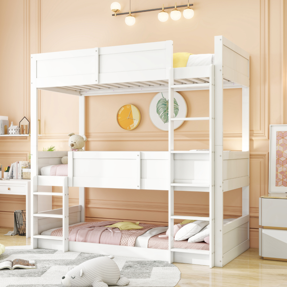 Litera triple 90x200 cm convertible con barandillas madera – color blanco