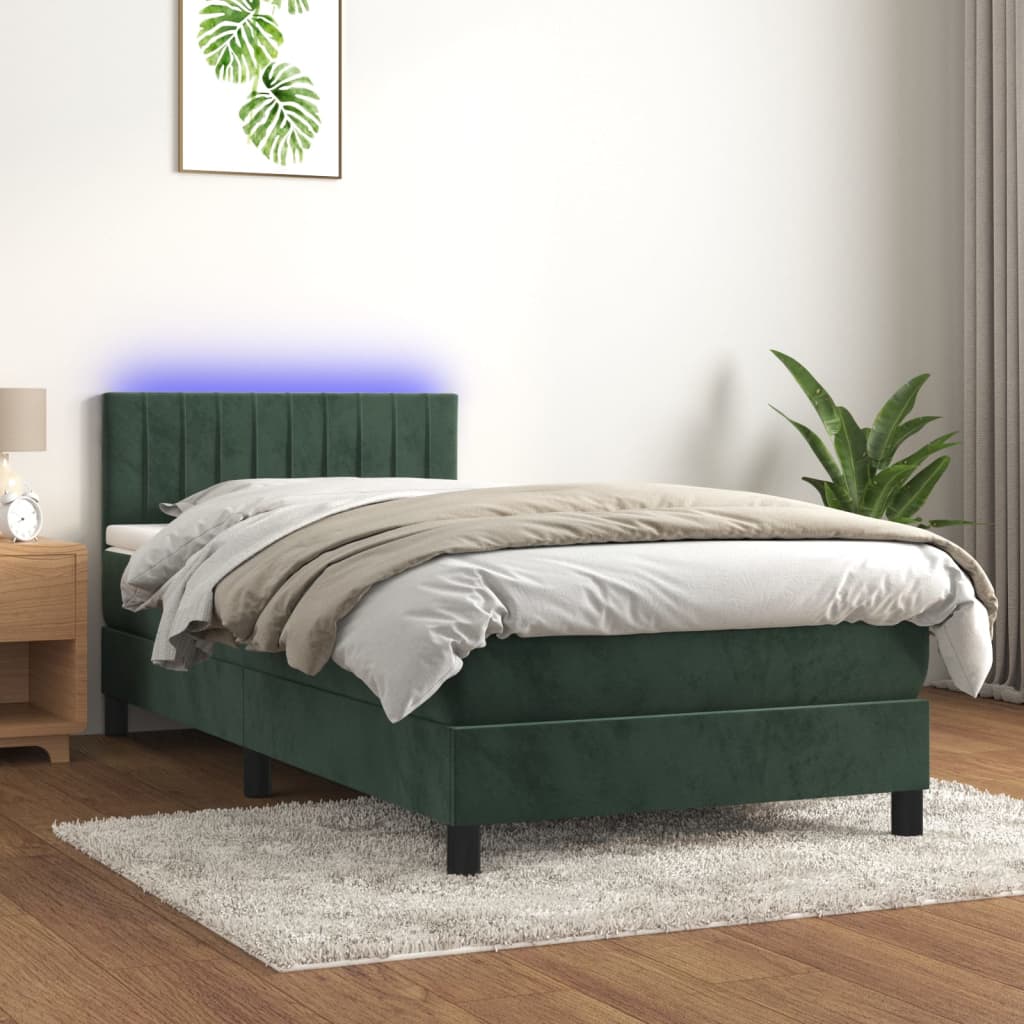 Cama box spring 80x200 cm, colchón y LED terciopelo verde oscuro rhu9249