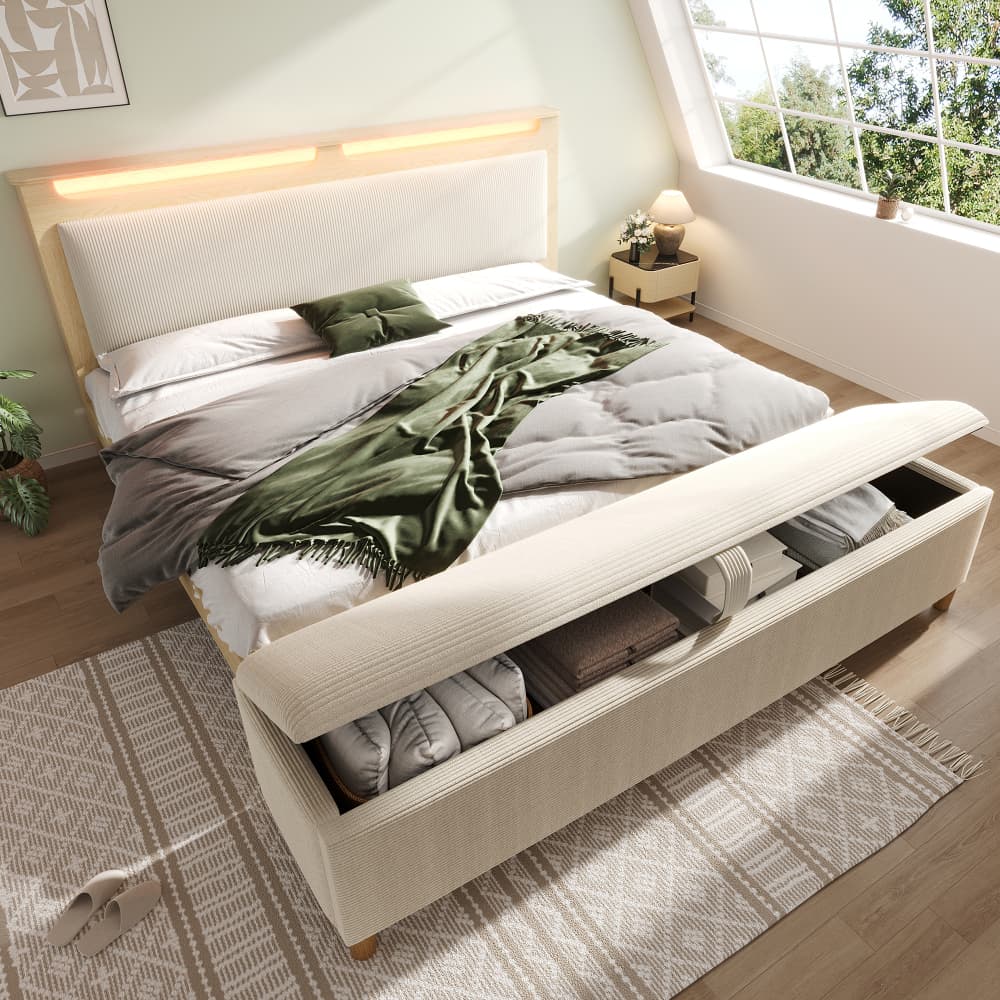 Cama doble 160x200cm con banco, almacenaje y LED madera y pana – beige