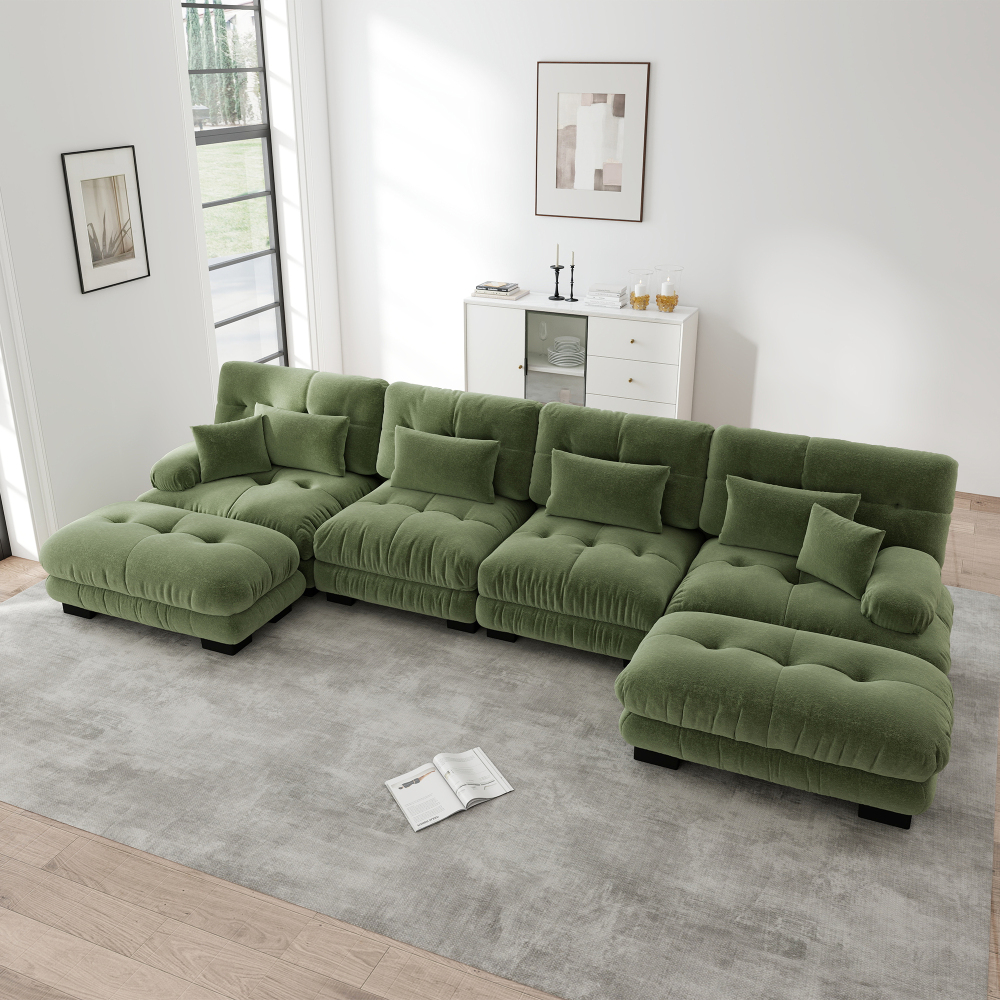 Sofá modular en u chenilla verde 4 plazas con otomanas móviles para salón