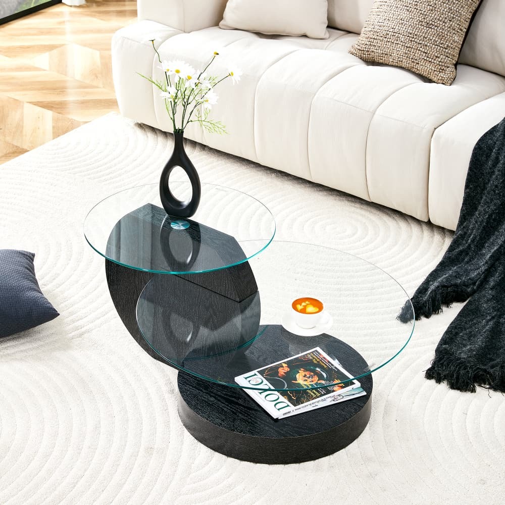 Mesa de centro redonda 2 niveles cristal y madera negro ø50/70cm