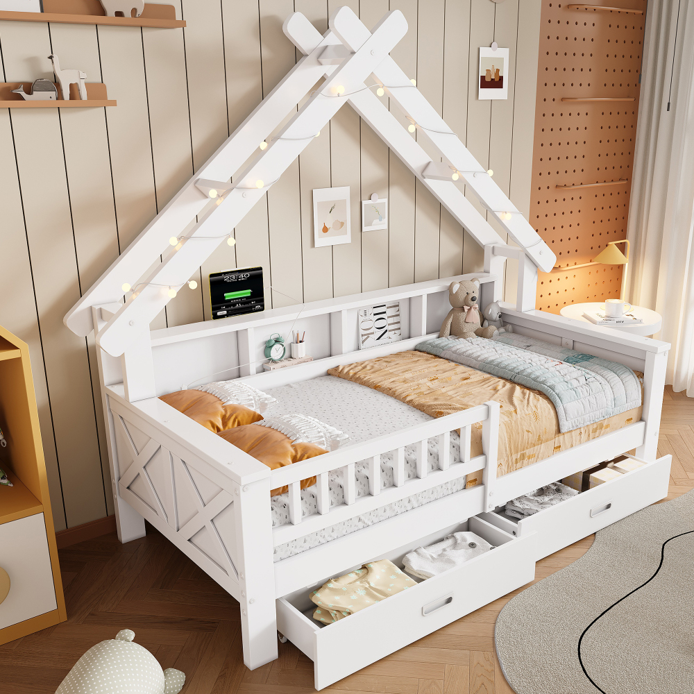 Cama casita 90x200 cm con LED y cajones madera – color blanco