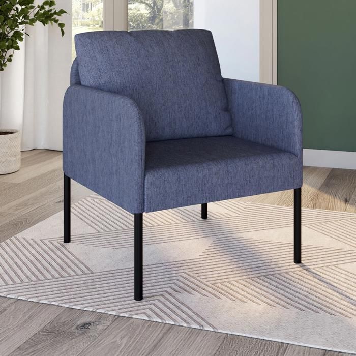 Sillón de tela azul con patas de metal negro de 65 cm