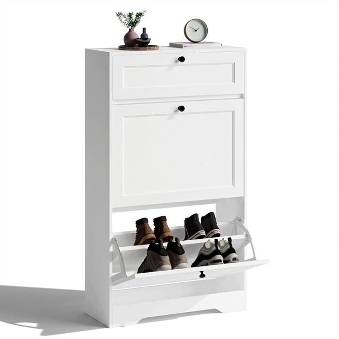 Zapatero blanco 12 pares 2 puertas 1 cajón 58x24x102 cm