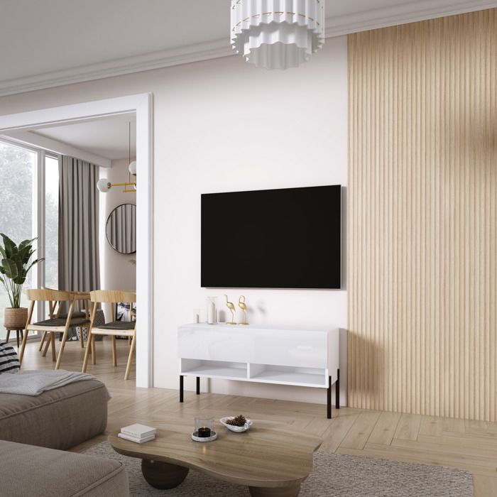 Mueble tv - blanco mate y patas negras - 100x32x52 cm