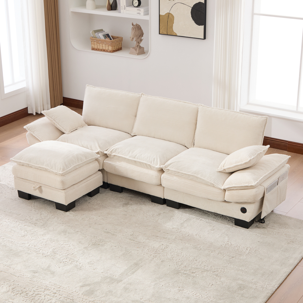 Sofá modular 3 plazas pana beige con otomana usb y bolsillos