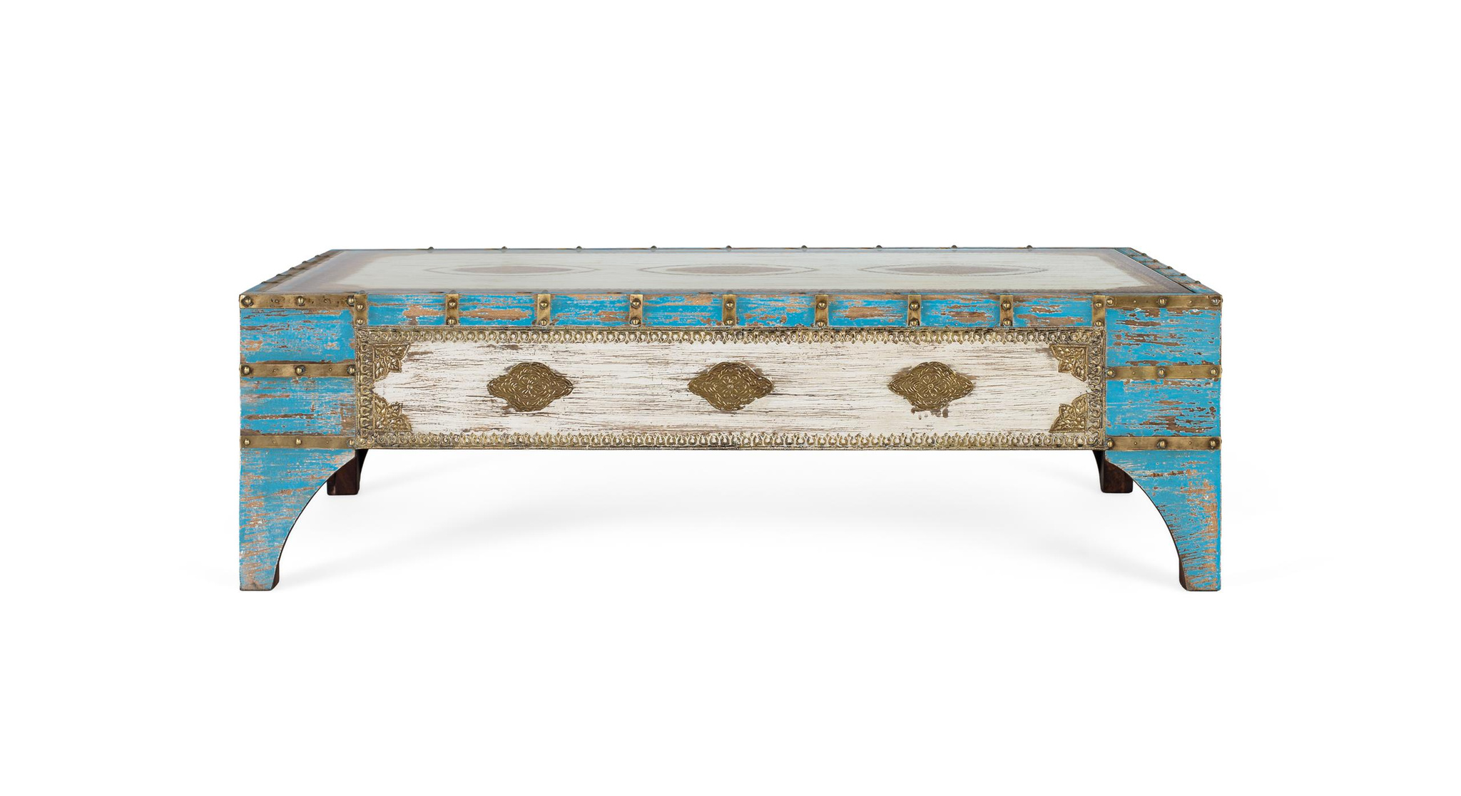 Mesa de centro de madera de mango en color azul y blanco envejecido 150 cm