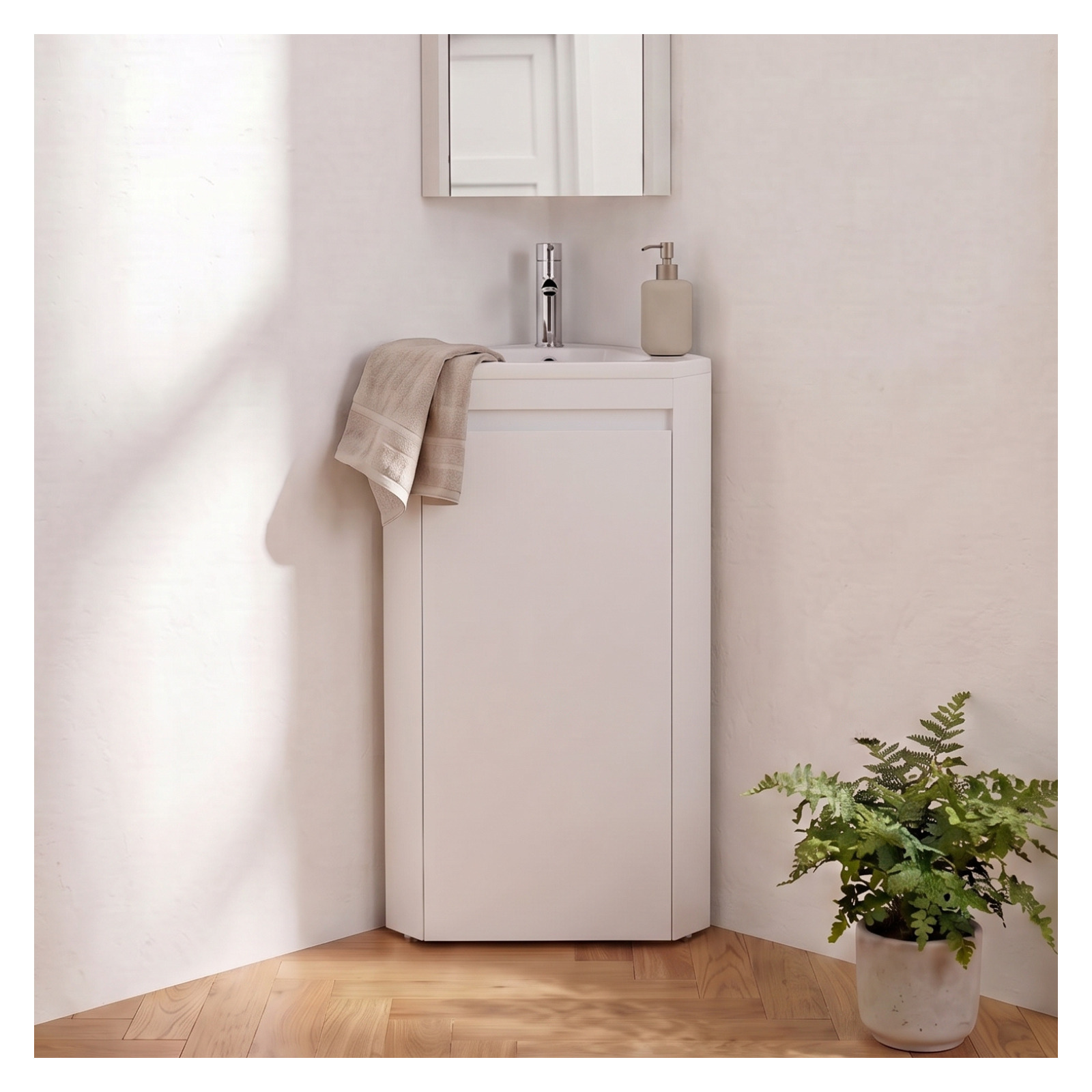 Mueble lavabo de esquina con patas y grifo sorrento