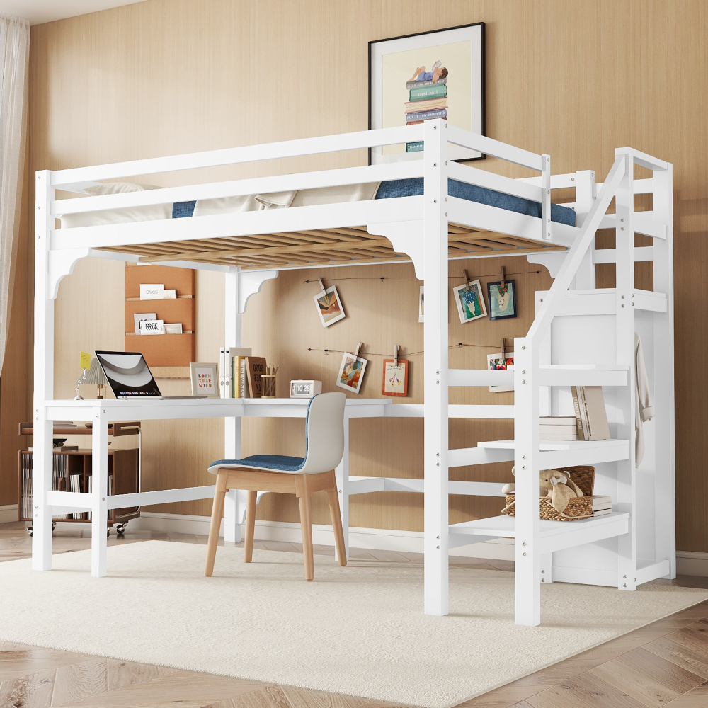 Cama alta 140x200cm con escritorio en l y armario abierto pino y mdf blanco
