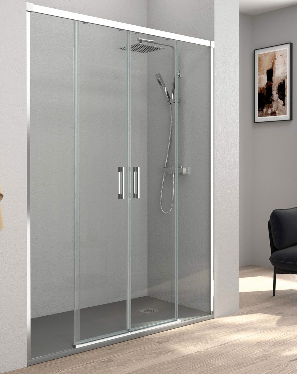 Mampara ducha frontal 2 puertas 2 fijos | transparente cromo 165cm
