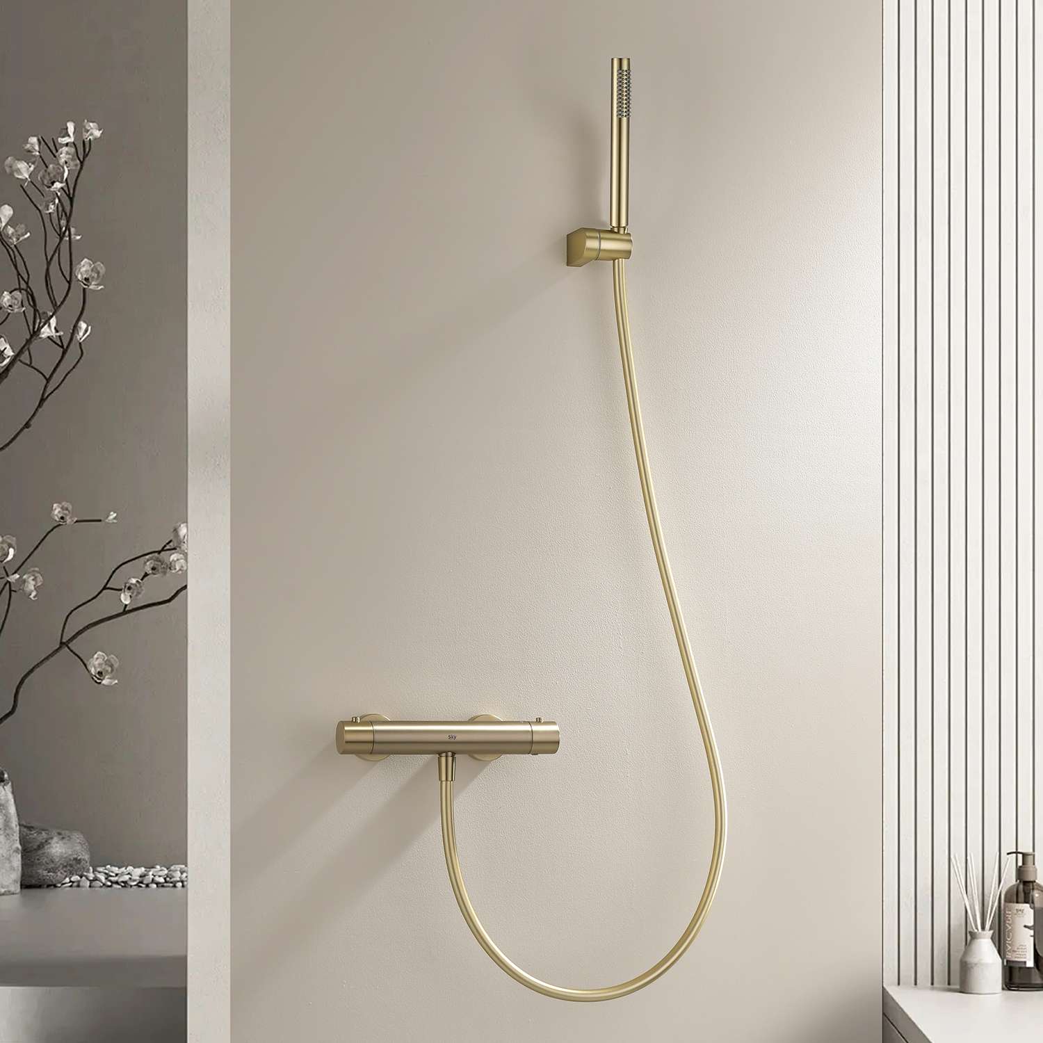 Kit de ducha termostático sky bath oro cepillado inox s304 serie supreme