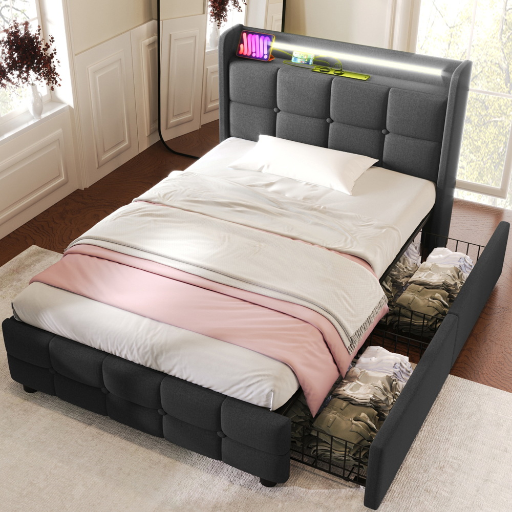Cama tapizada 90x200 cm con LED, usb y 2 cajones madera – color gris