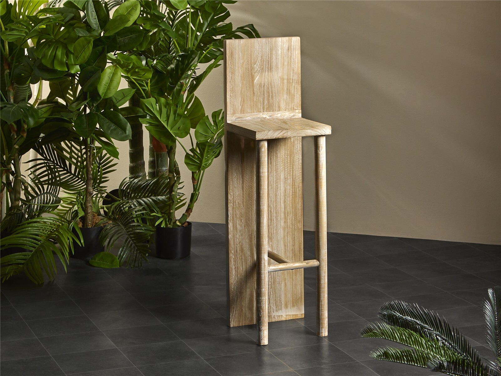Taburete bar con respaldo madera natural 105 cms. 35x40x105 cms