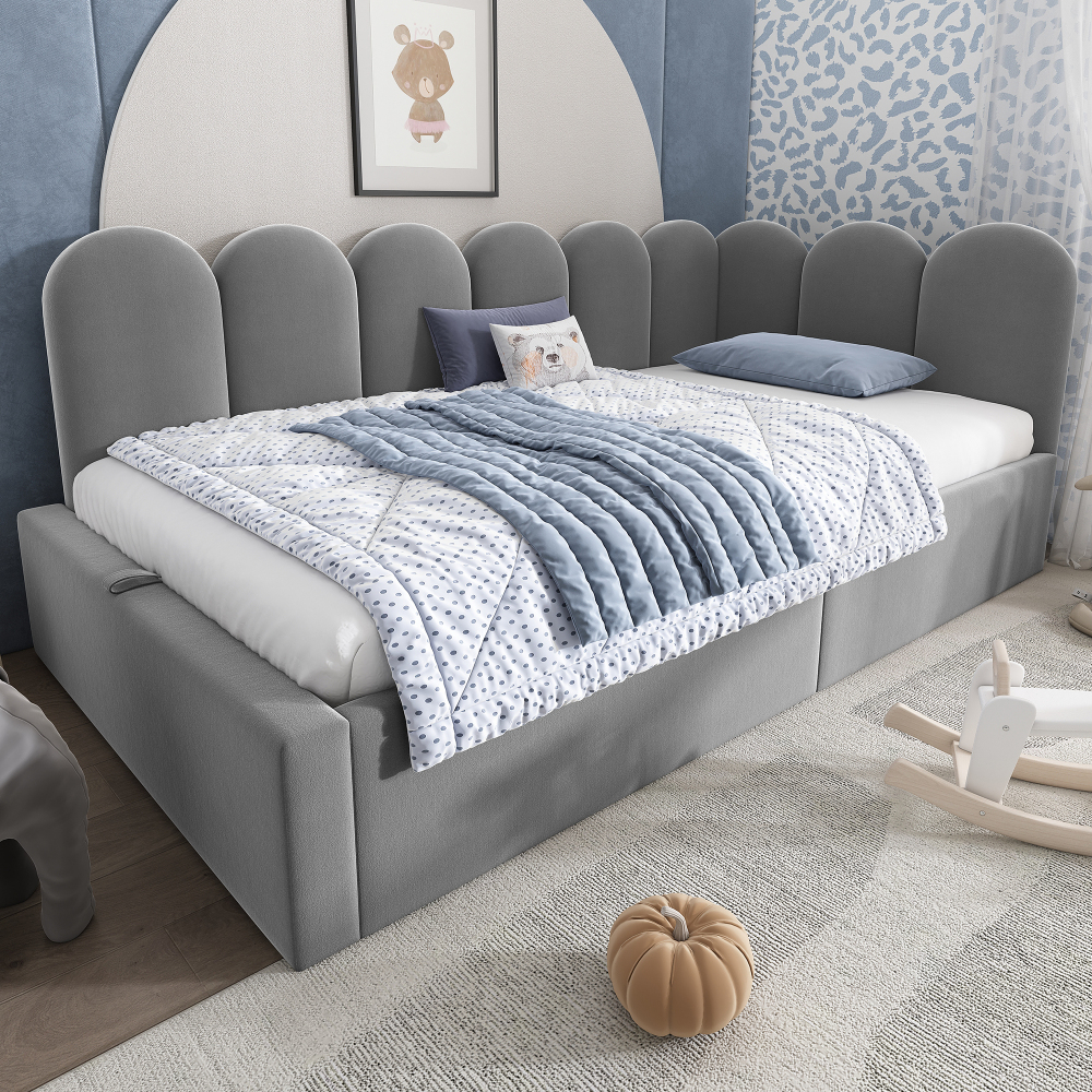 Cama tapizada 90x200 cm con canapé hidráulico y estructura metálica – gris