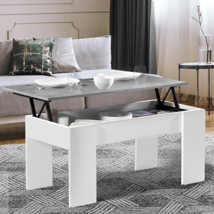 Mesa baja elevable rectangular blanco/hormigón - 100x50x44,5 cm