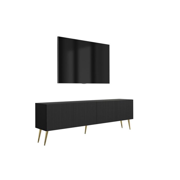 Mueble tv con patas - negro mate ranurado - patas doradas - 170x32x52