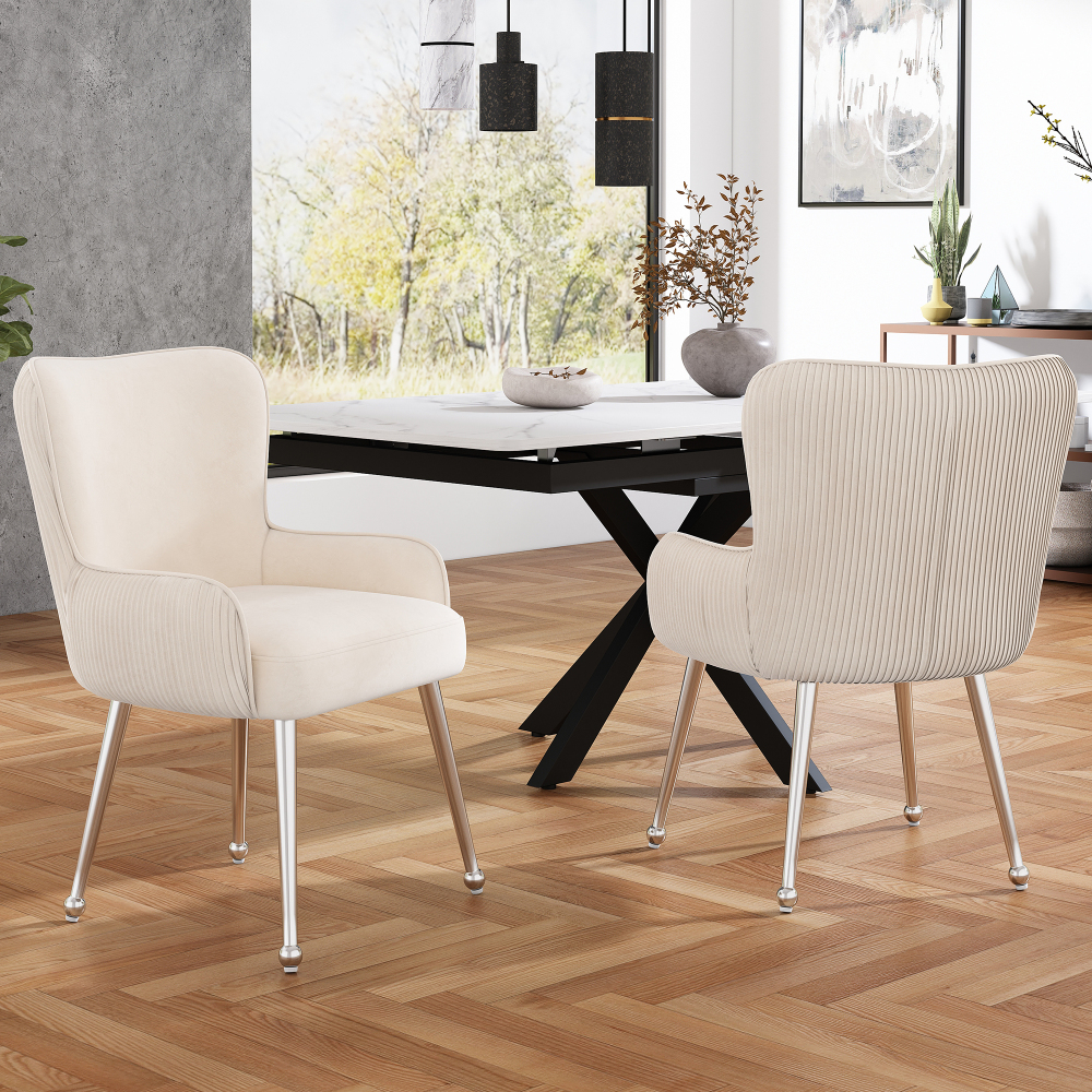 Sillón de comedor terciopelo beige set de 2 con patas ajustables
