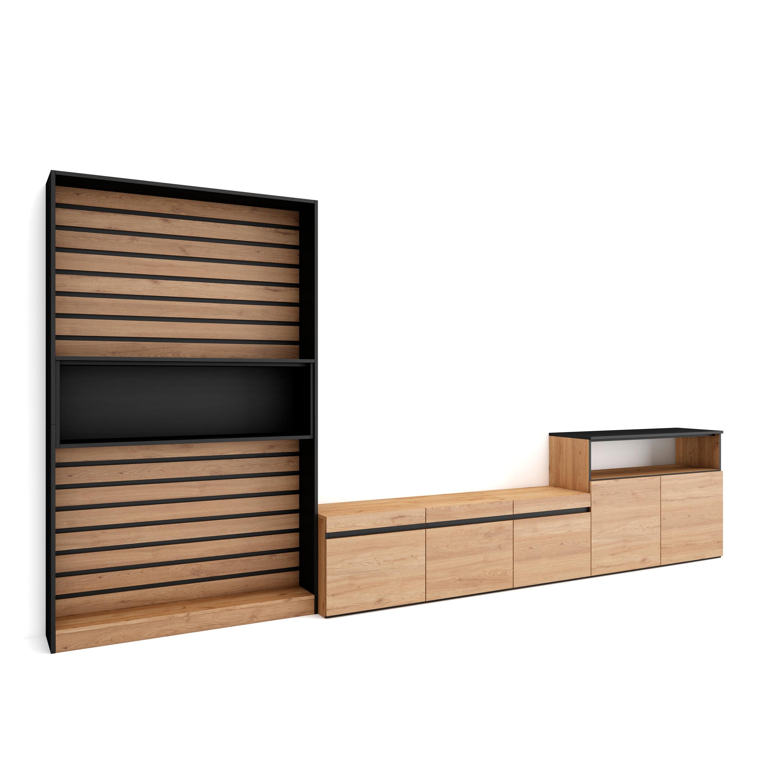 Muebles de salón para tv, 360x35x186cm, roble y negro rf3159