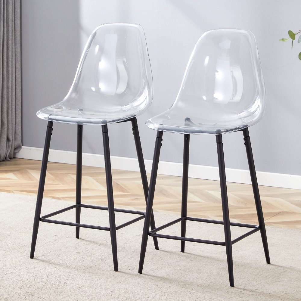 Taburete de bar transparente con estructura metálica negra