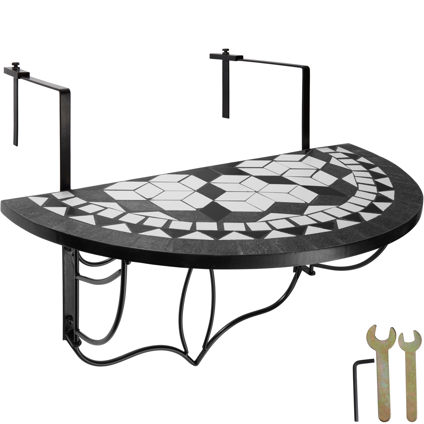Mesa plegable de balcón, mosaico, 75 x 65 x 62 cm, negro/blanco