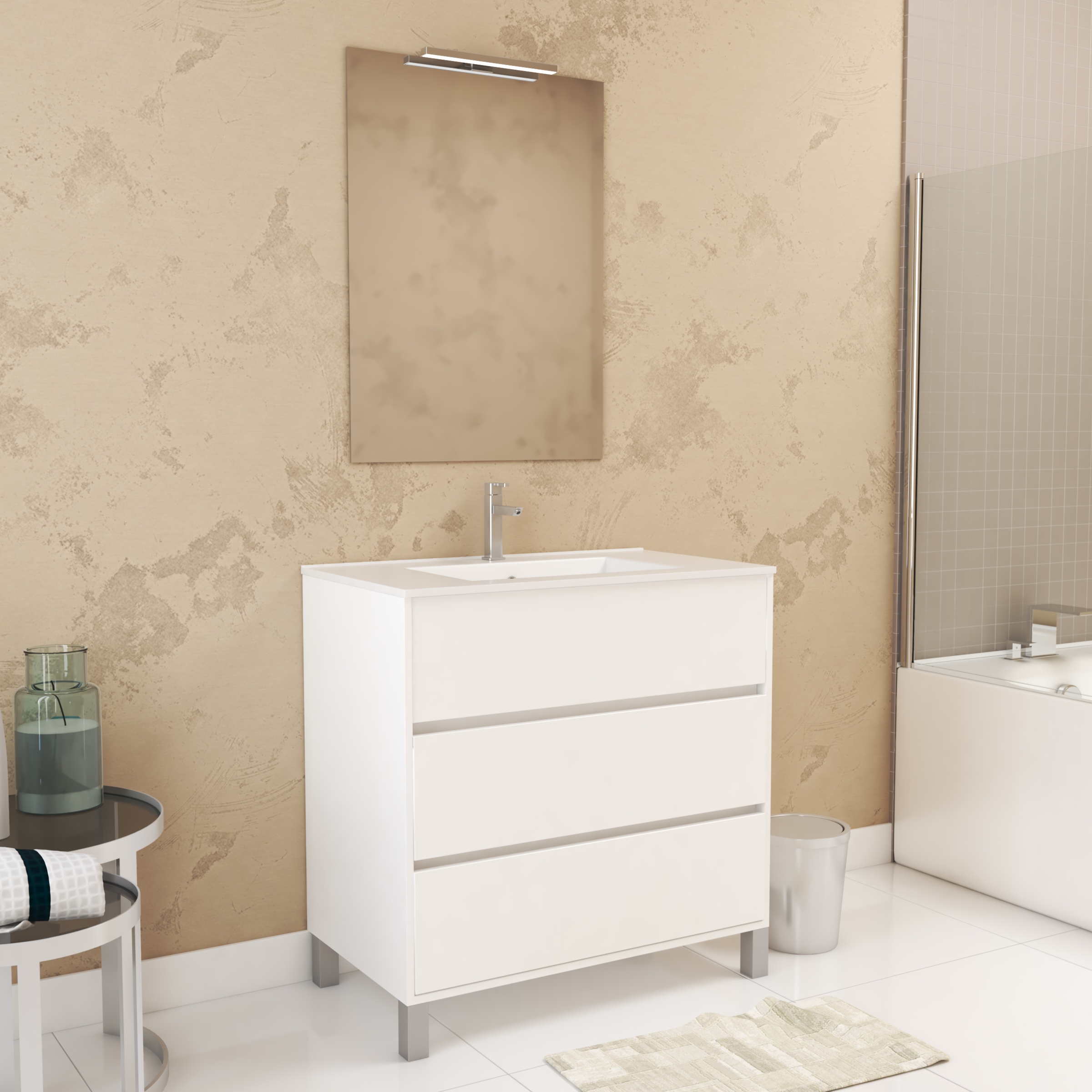 Pack mueble 80 cm blanco 3 cajones + lavabo + espejo + LED